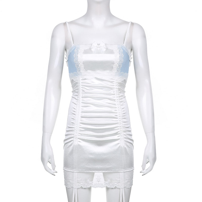 Ruched Bow Lace Mini Dress